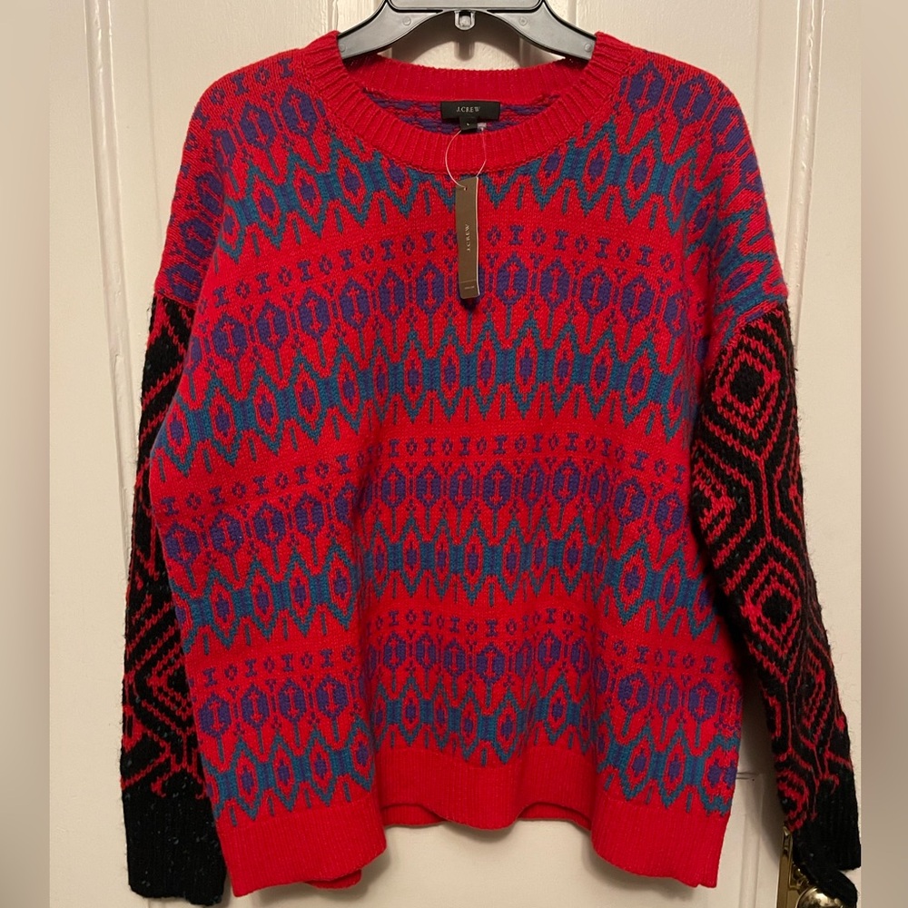 J. Crew Red Blue Patterned Crewneck Sweater with Black Sleeves